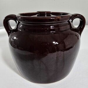 Vintage Bean Pot Brown Stoneware Ceramic Glazed 2 Handle Ovenproof w/Lid